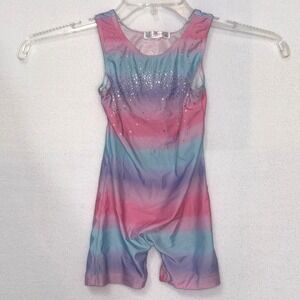 Zaclotre Girls leotard singlet cotton candy rhinestones blue pink‎ size 120 4/5